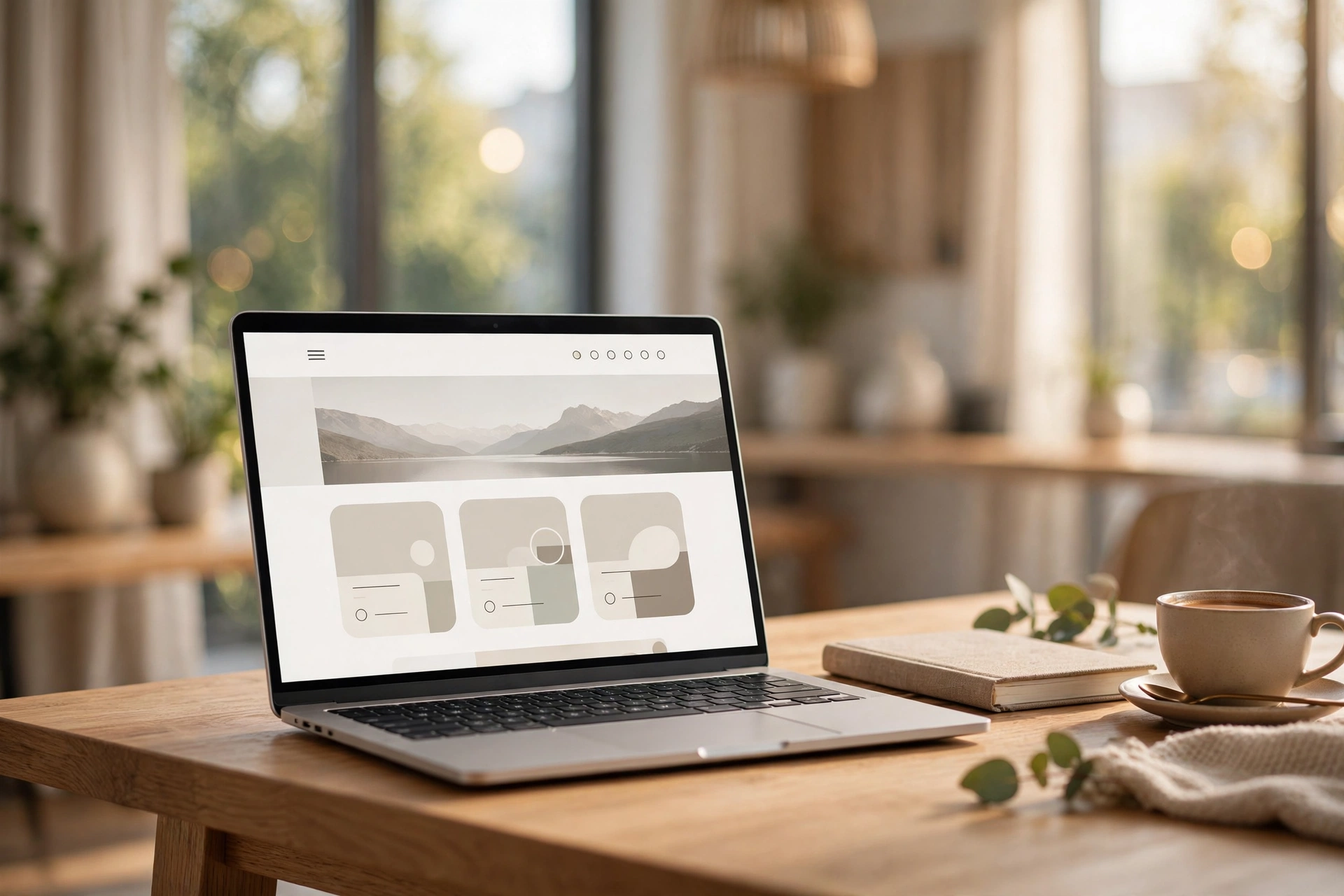Laptop on a wooden desk showing a website design mockup in a bright, warm office